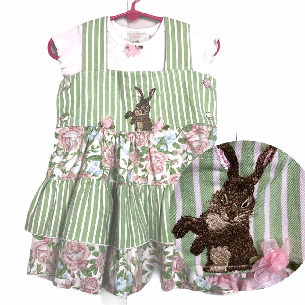 NWT 18-24 Mo Rose Cage Easter Bunny Jumper w Cap Sleeve Tee 2pc‎ Set SPRING